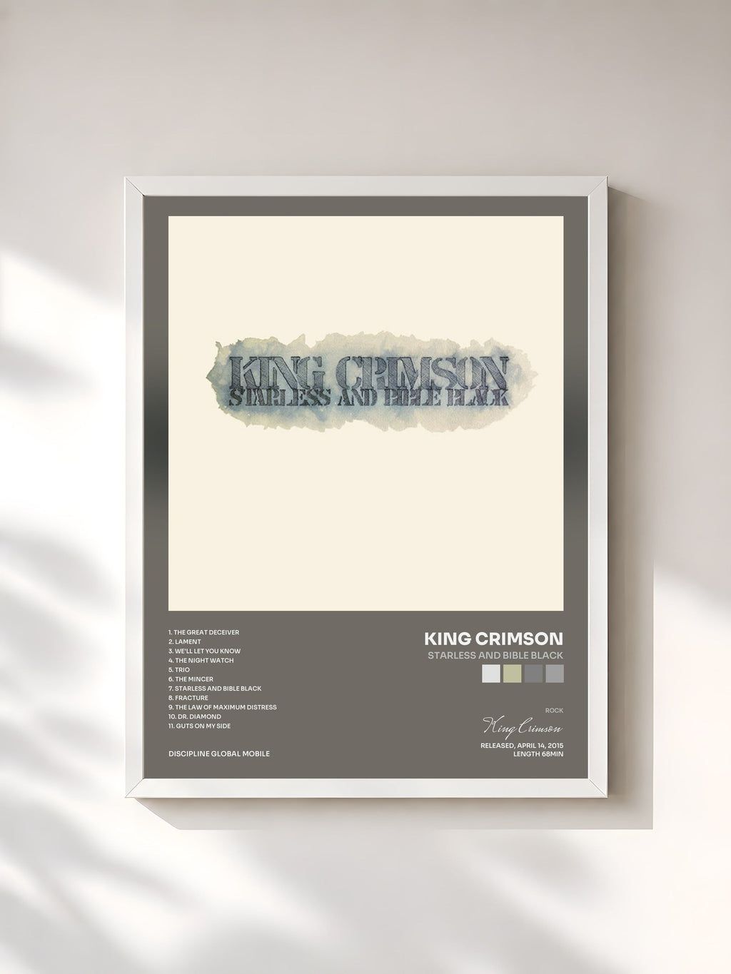 #blanc Starless And Bible Black de King Crimson en lámina enmarcada, marco blanco, impresa y enmarcada en Francia