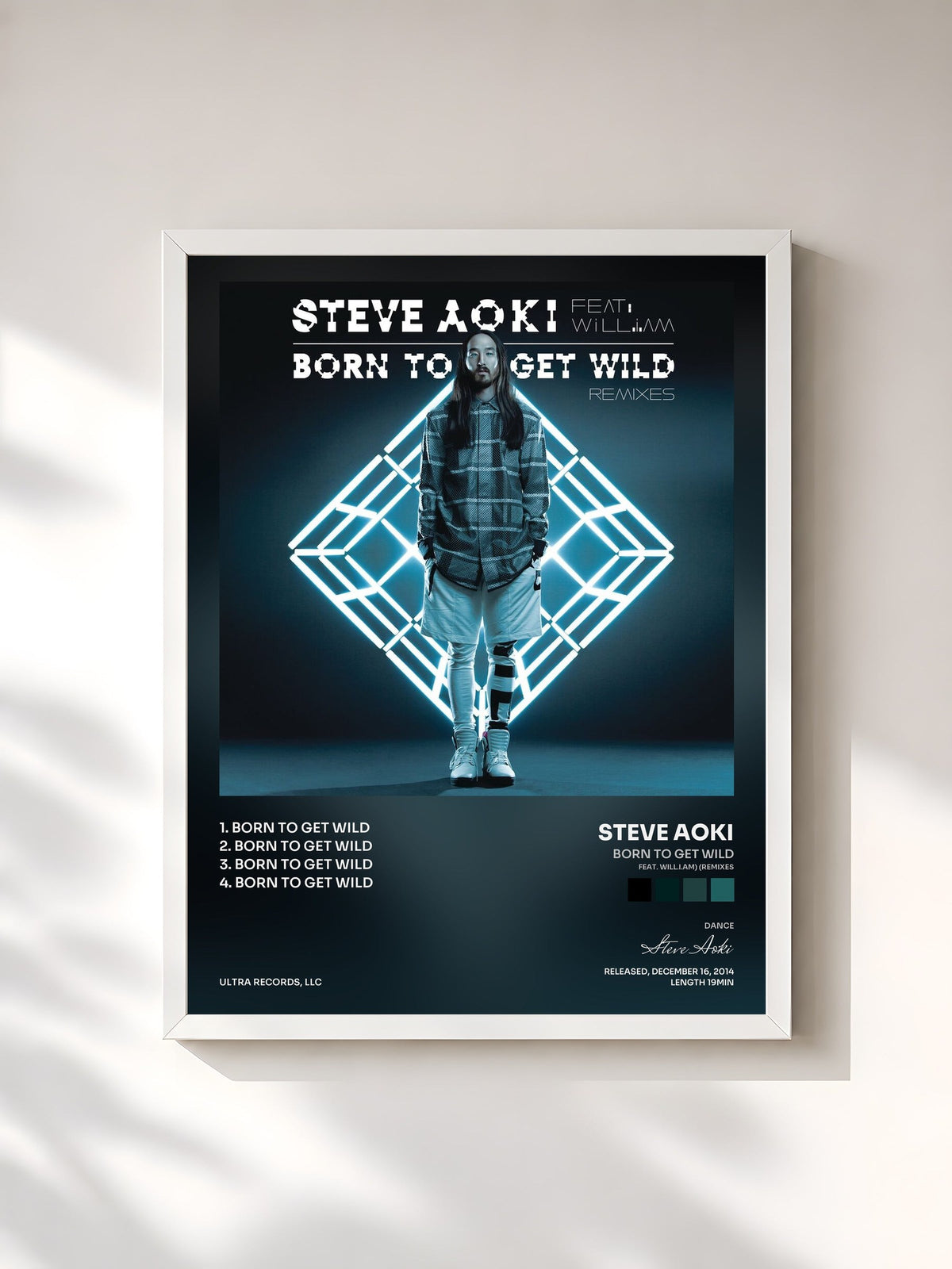 #blanc Tableau de l'album Born To Get Wild (feat. will.i.am) (Remixes) de Steve Aoki, cadre blanc, imprimé et encadré en France