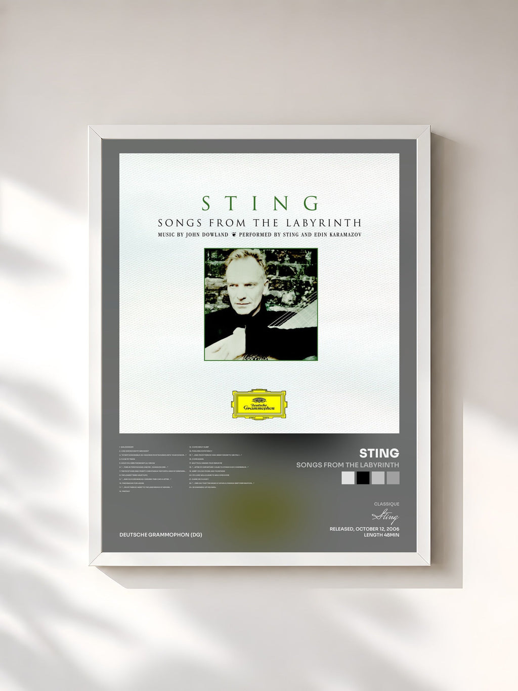 #blanc Tableau de l'album Songs From The Labyrinth de Sting, cadre blanc, imprimé et encadré en France
