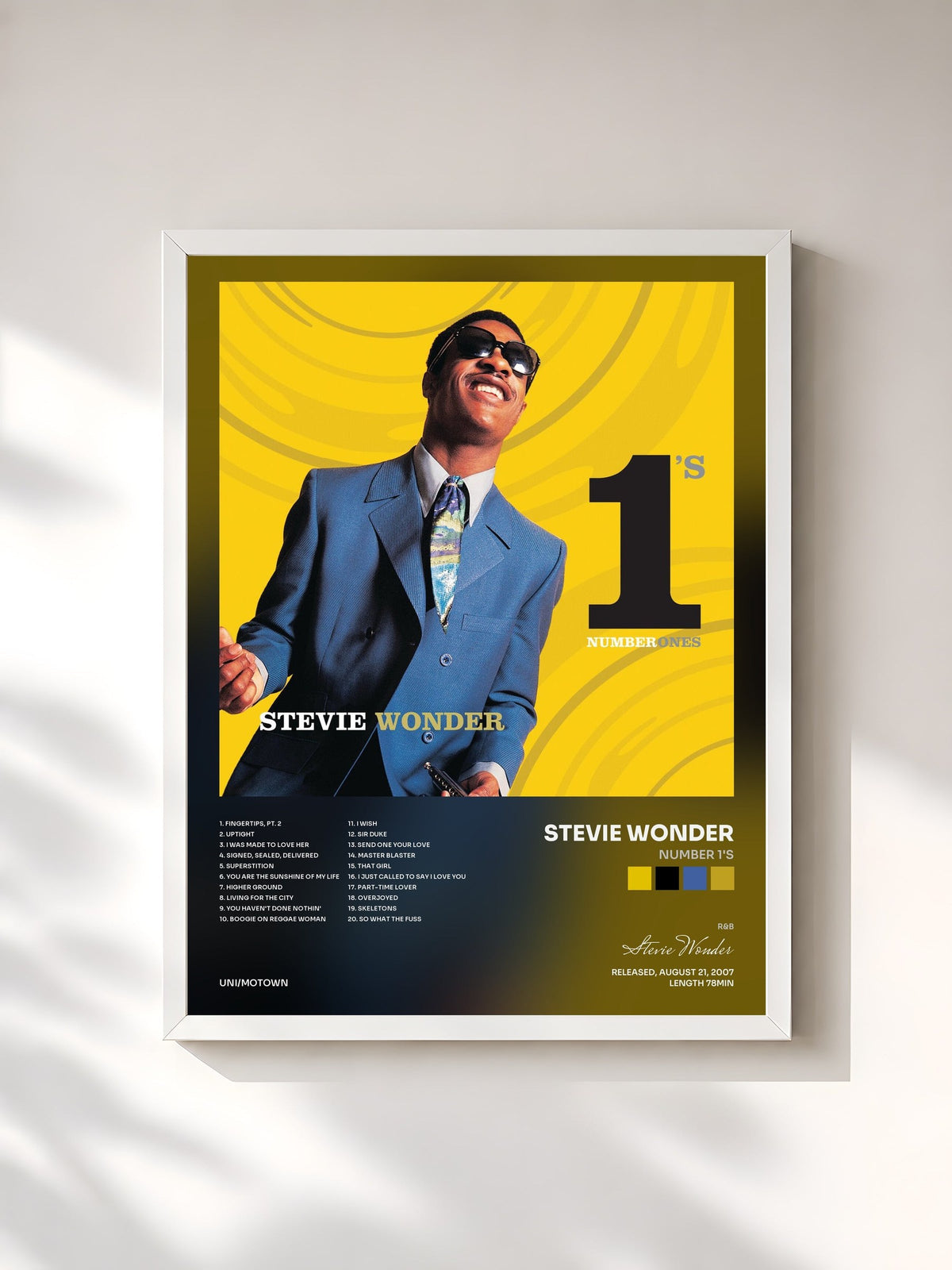 #blanc Tableau de l'album Number 1's de Stevie Wonder, cadre blanc, imprimé et encadré en France
