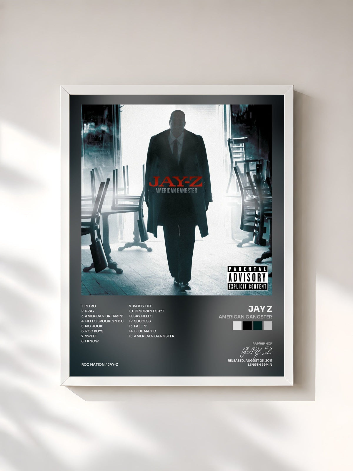 #blanc Tableau de l'album American Gangster de JAY Z, cadre blanc, imprimé et encadré en France