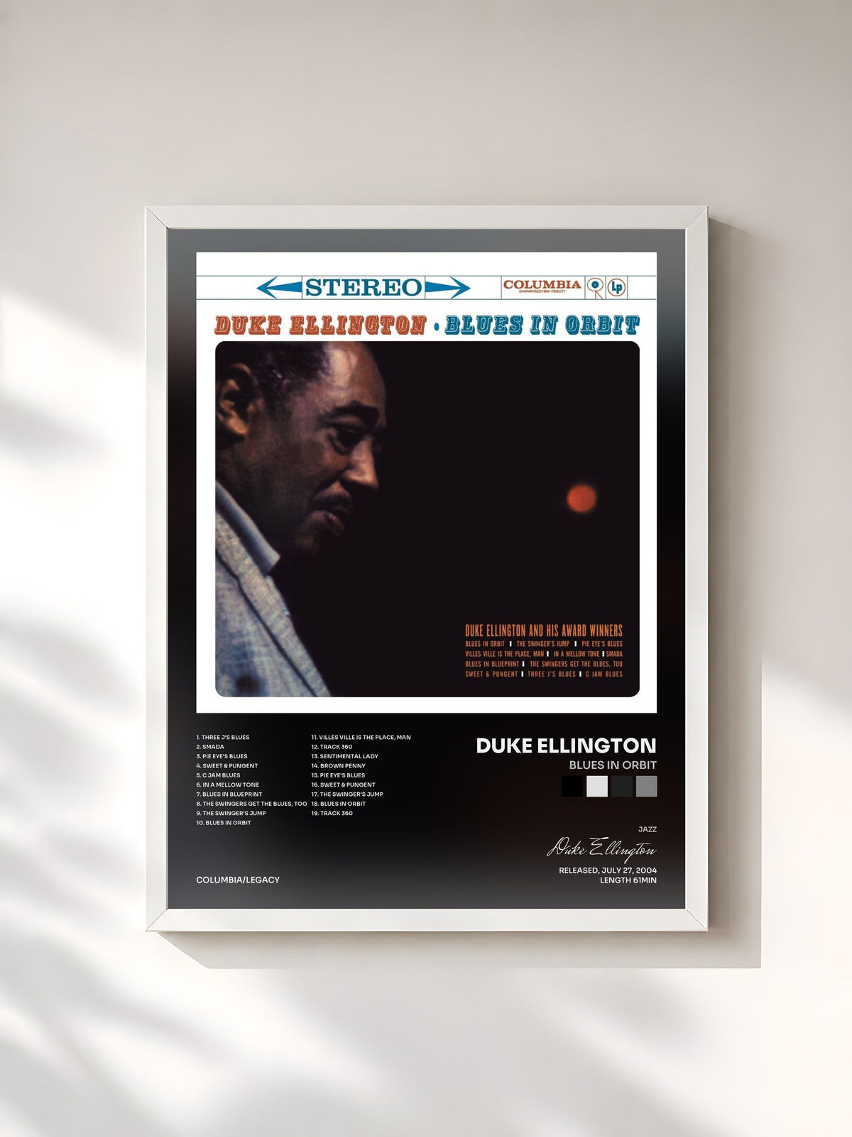 #blanc Tableau de l'album Blues In Orbit de Duke Ellington, cadre blanc, imprimé et encadré en France