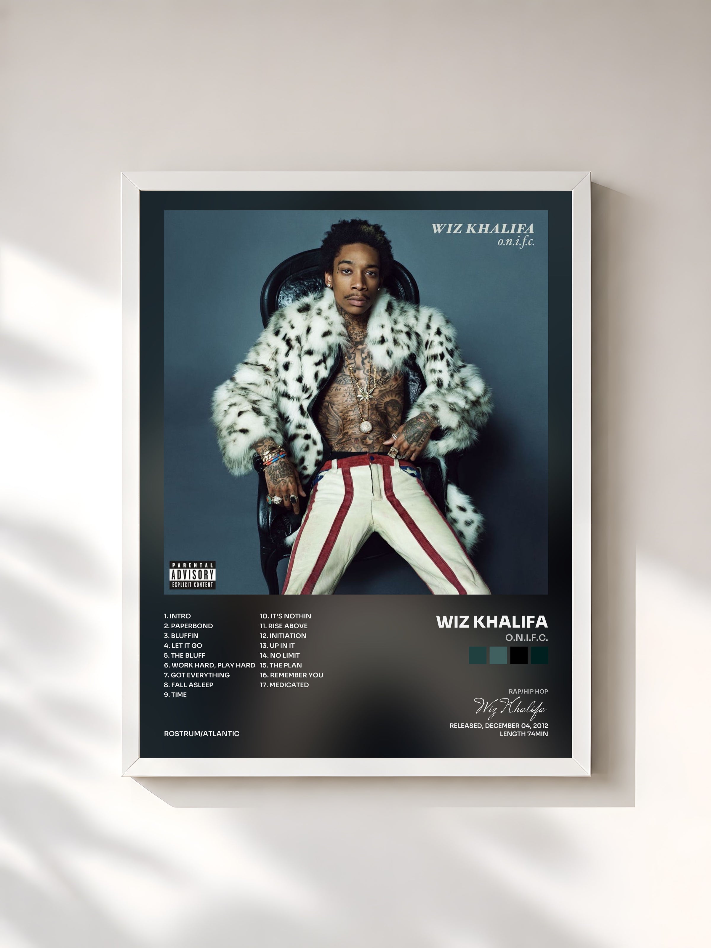 #blanc Tableau de l'album O.N.I.F.C. de Wiz Khalifa, cadre blanc, imprimé et encadré en France