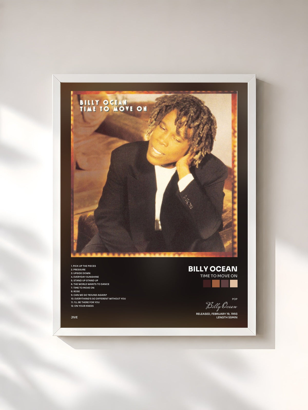 #blanc Tableau de l'album Time to Move On de Billy Ocean, cadre blanc, imprimé et encadré en France