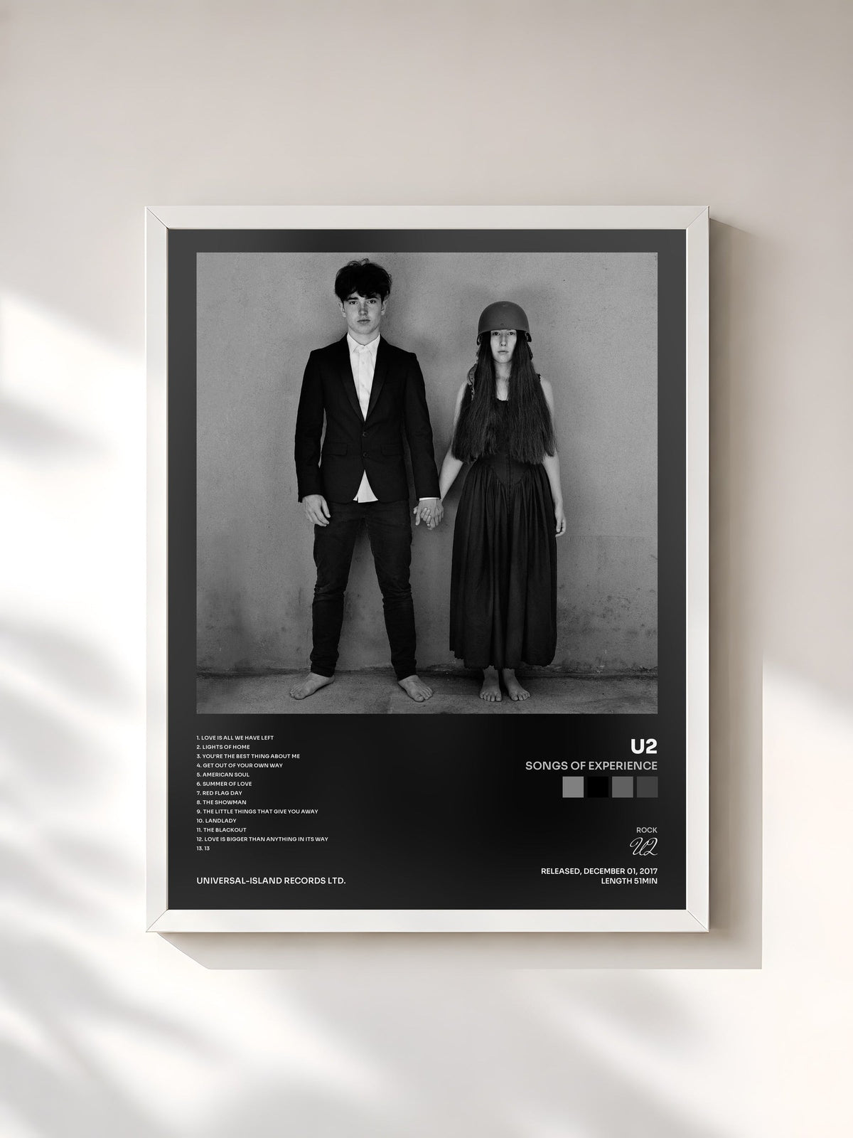 #blanc Tableau de l'album Songs Of Experience de U2, cadre blanc, imprimé et encadré en France