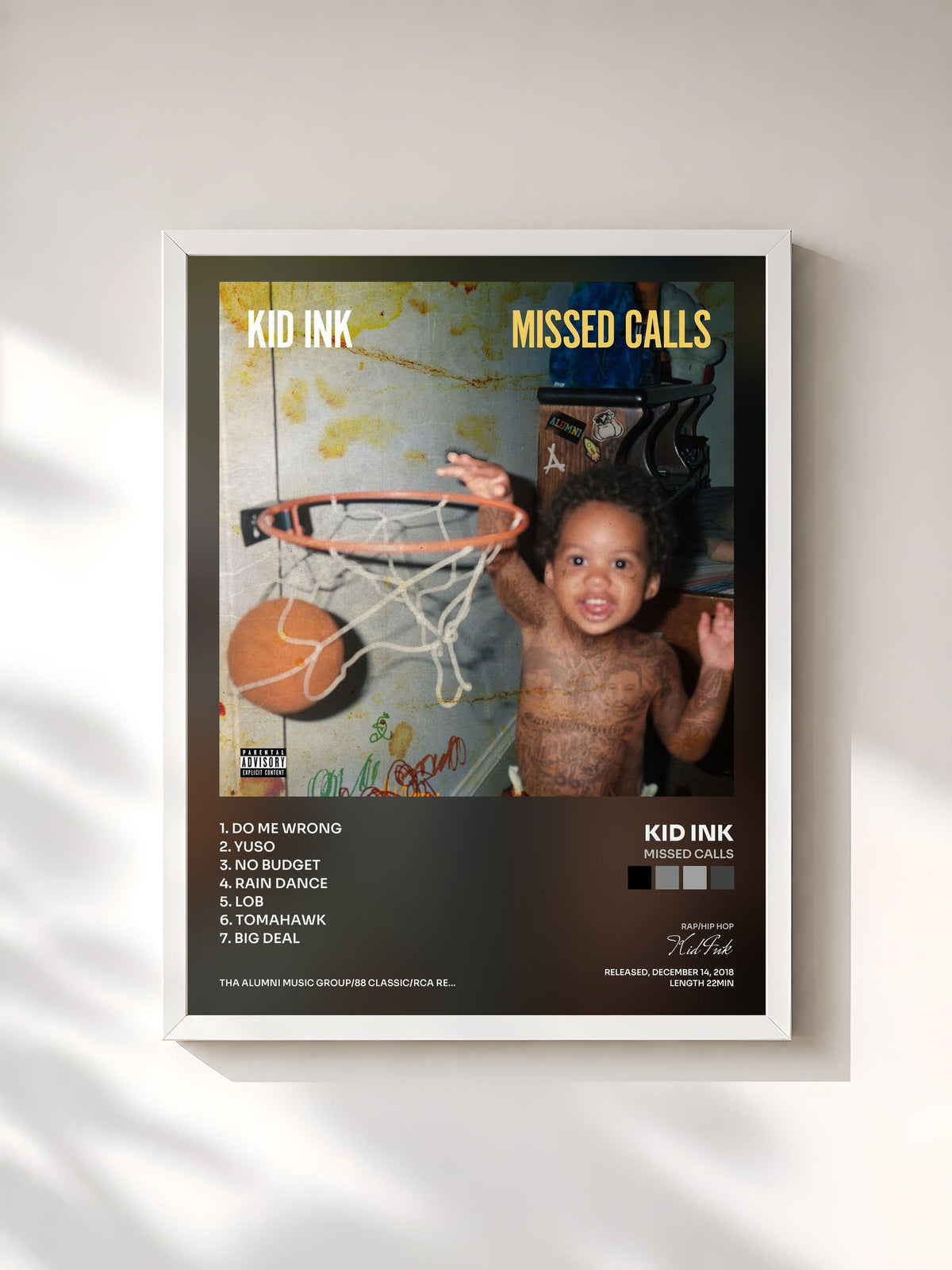#blanc Missed Calls de Kid Ink en lámina enmarcada, marco blanco, impresa y enmarcada en Francia