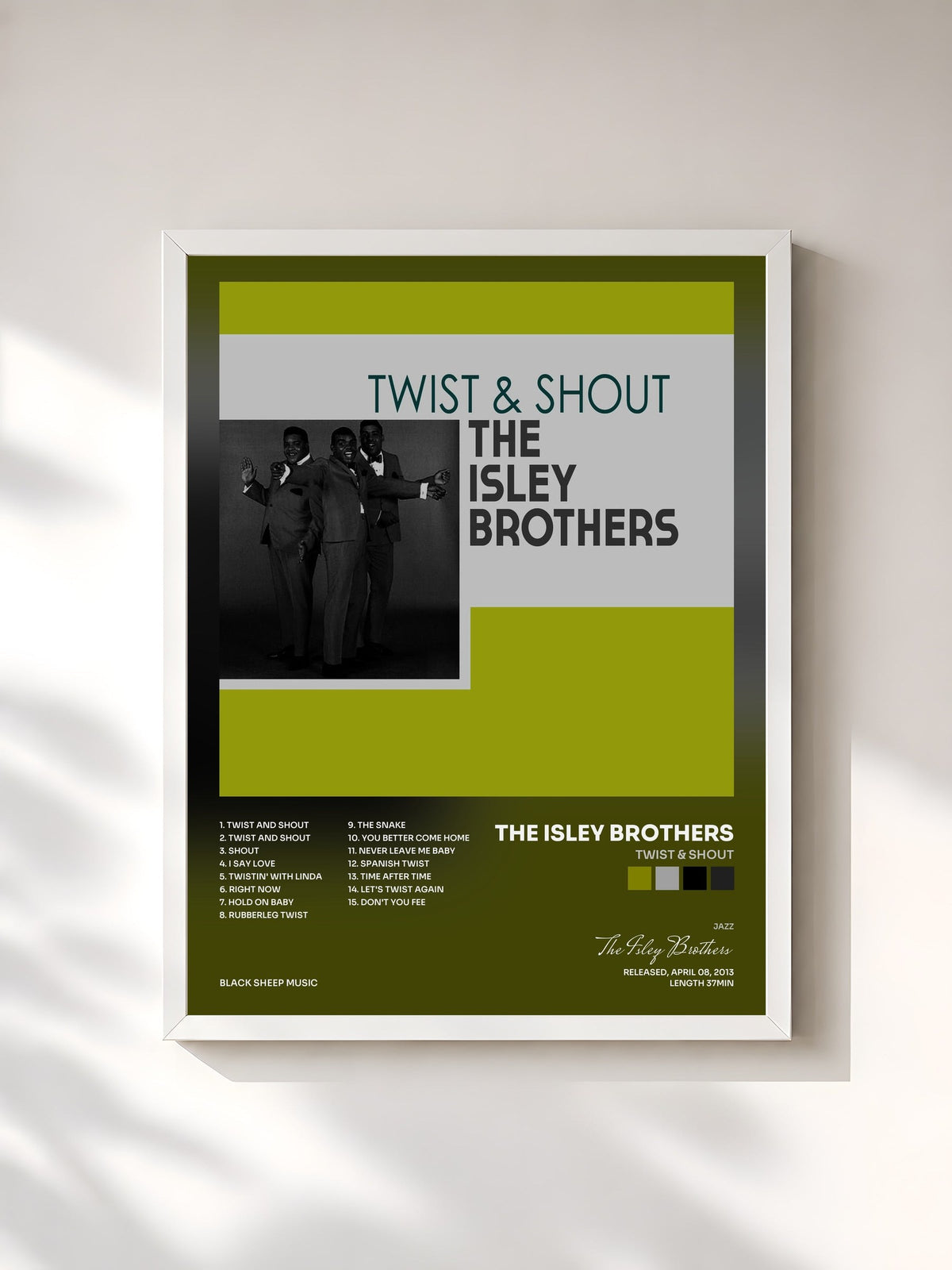 #blanc Tableau de l'album Twist & Shout de The Isley Brothers, cadre blanc, imprimé et encadré en France
