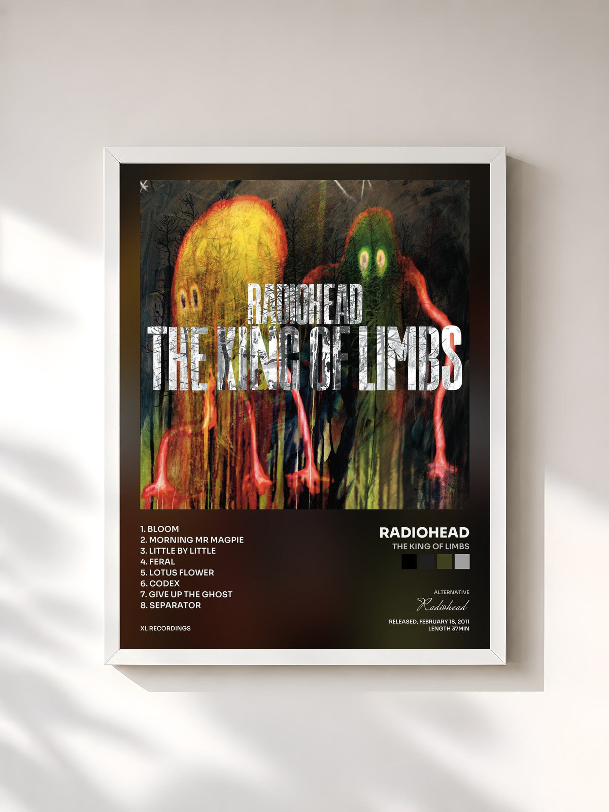 #blanc Tableau de l'album The King Of Limbs de Radiohead, cadre blanc, imprimé et encadré en France