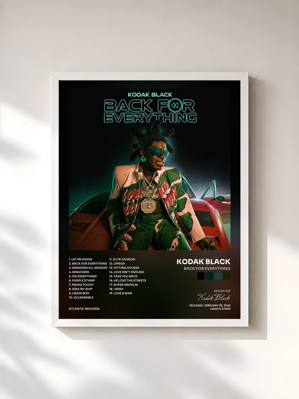 #blanc Tableau de l'album Back For Everything de Kodak Black, cadre blanc, imprimé et encadré en France