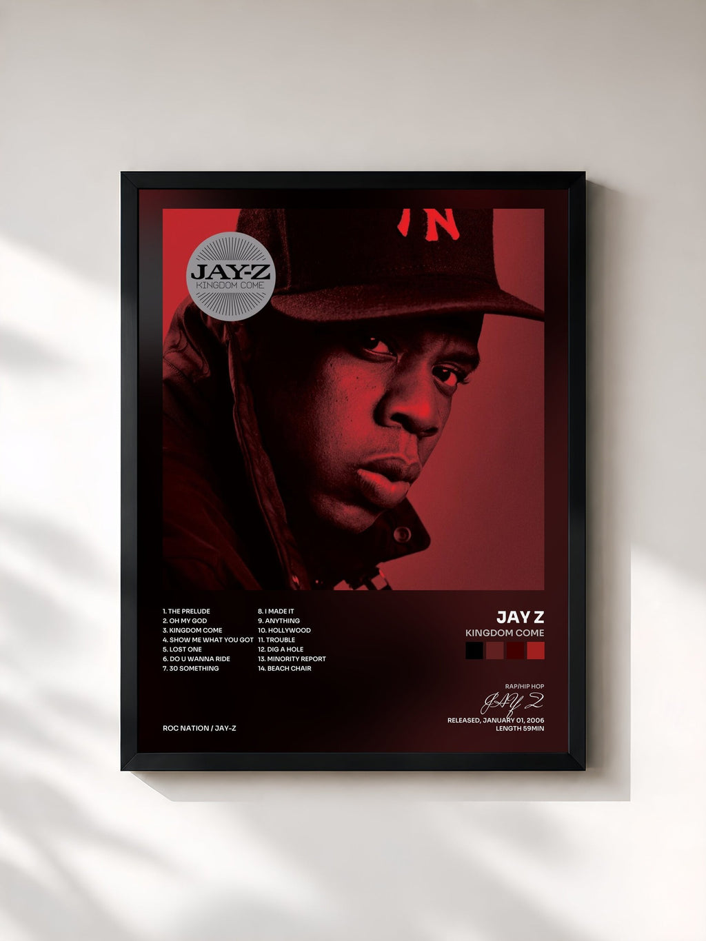 #noir Tableau de l'album Kingdom Come de JAY Z, cadre noir, imprimé et encadré en France