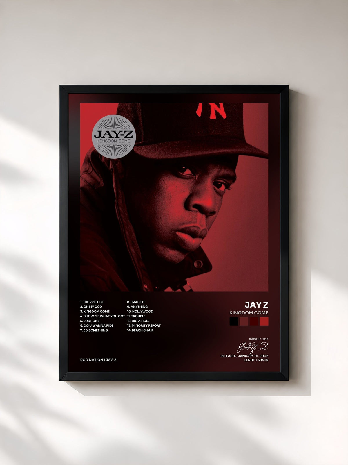 #noir Tableau de l'album Kingdom Come de JAY Z, cadre noir, imprimé et encadré en France