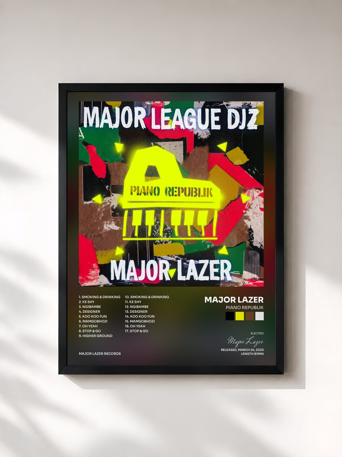 #noir Tableau de l'album Piano Republik de Major Lazer, cadre noir, imprimé et encadré en France