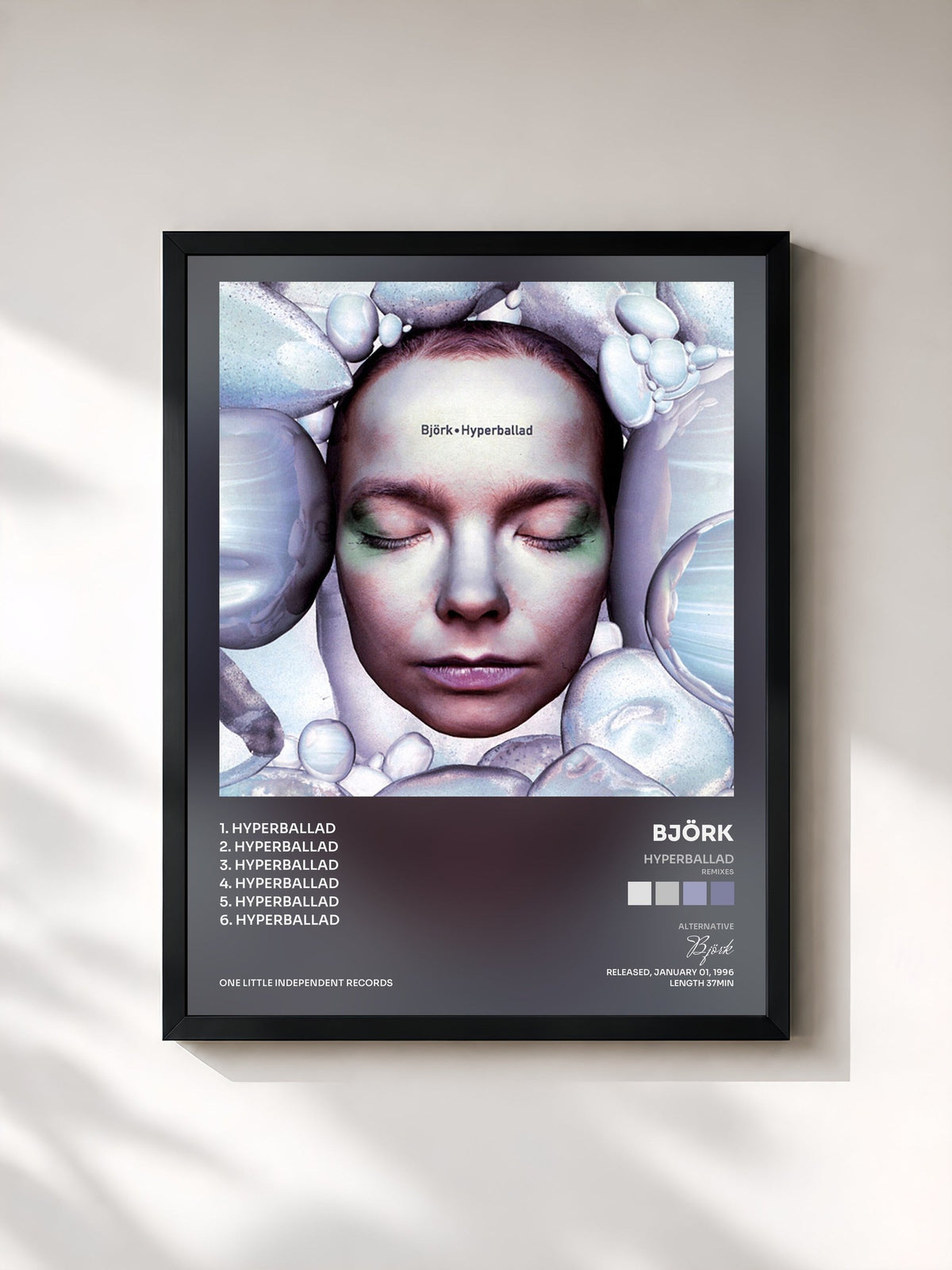 #noir Tableau de l'album Hyperballad (Remixes) de Björk, cadre noir, imprimé et encadré en France