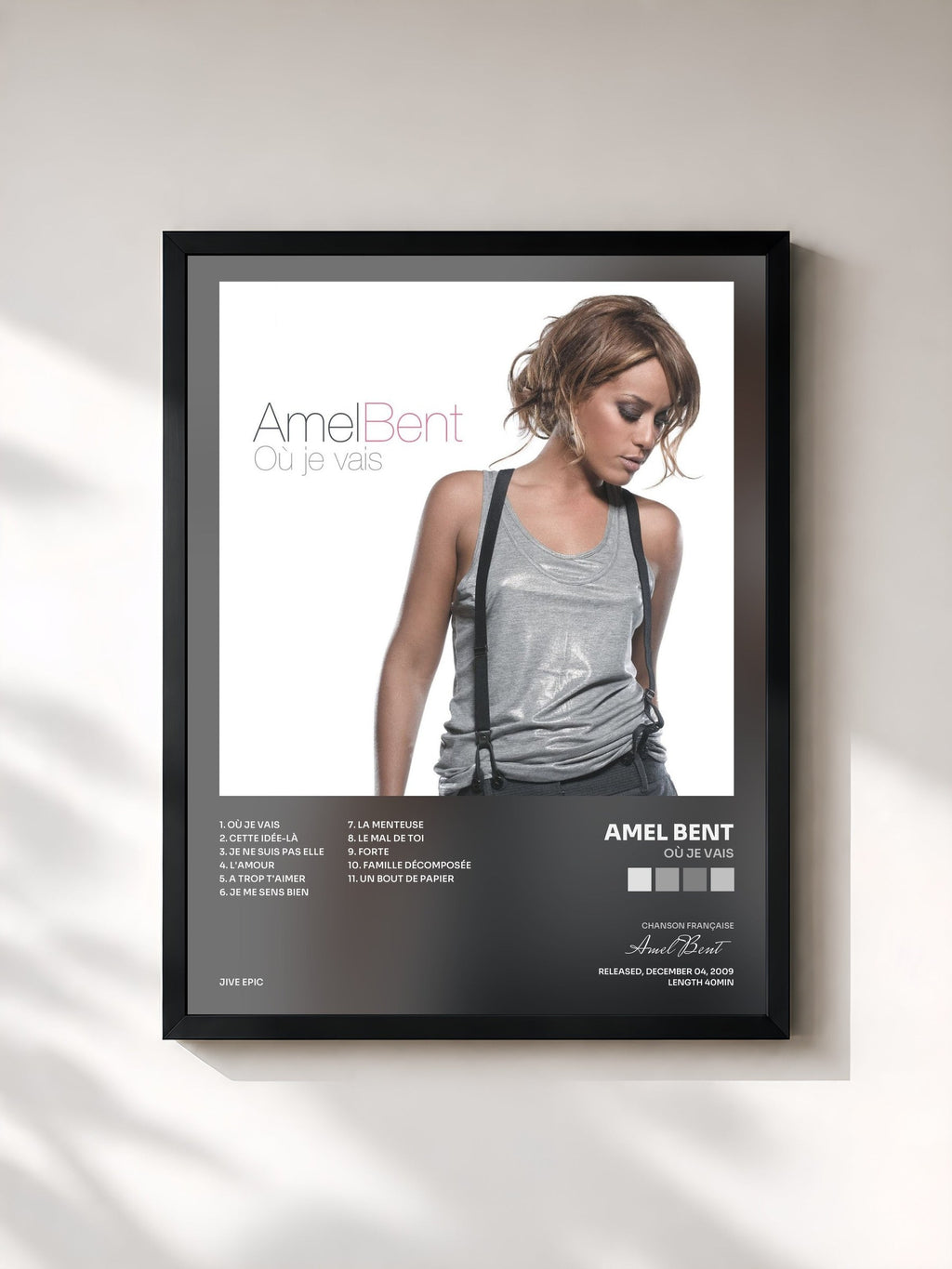 #noir Tableau de l'album Où je vais de Amel Bent, cadre noir, imprimé et encadré en France