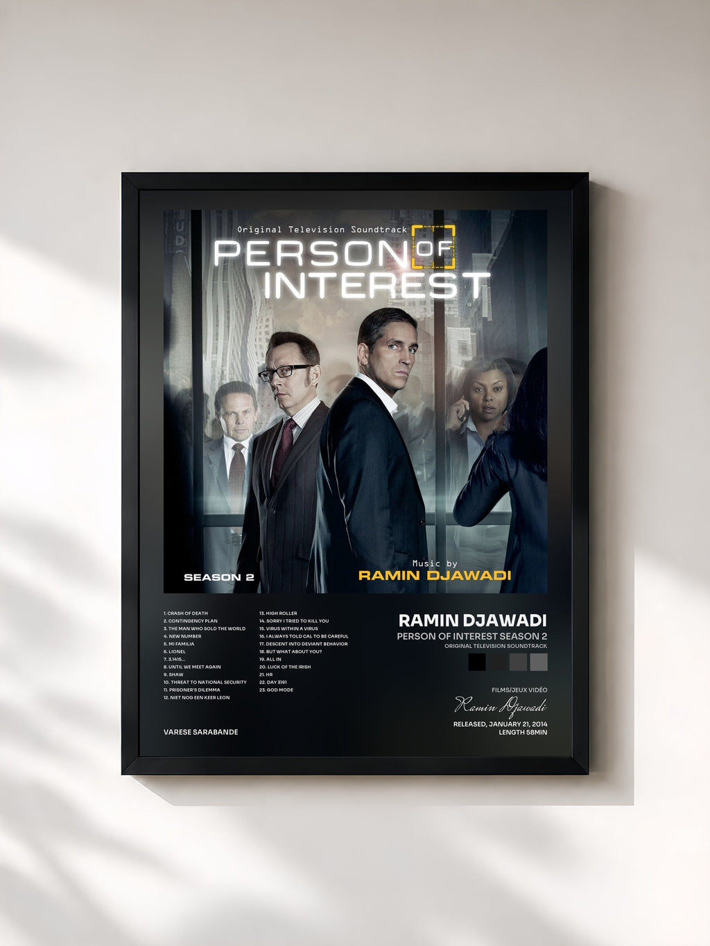 #noir Person Of Interest Season 2 (Original Television Soundtrack) von Ramin Djawadi als gerahmter Kunstdruck, schwarzer Rahmen, gedruckt und gerahmt in Frankreich