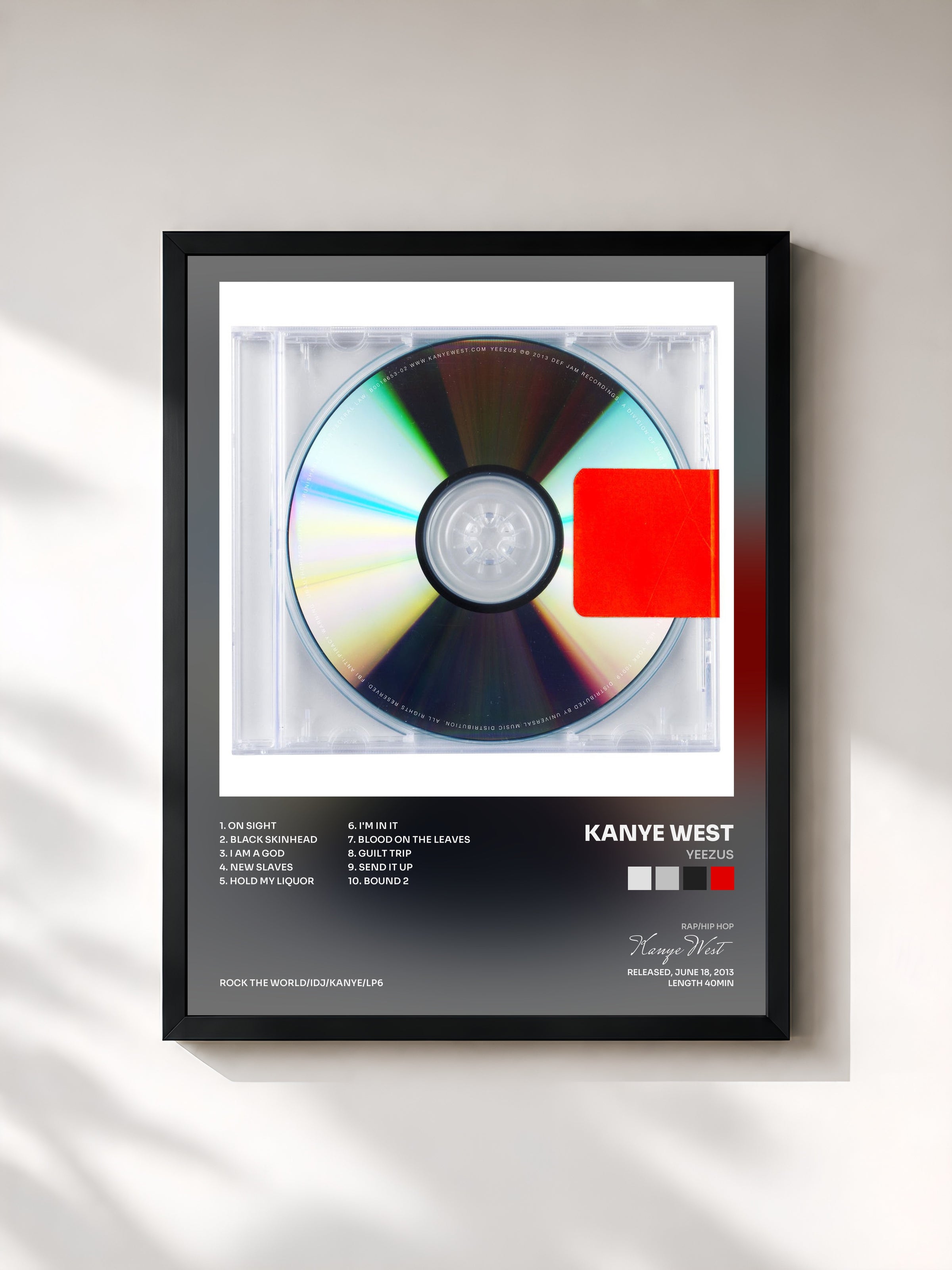 #noir Tableau de l'album Yeezus de Kanye West, cadre noir, imprimé et encadré en France