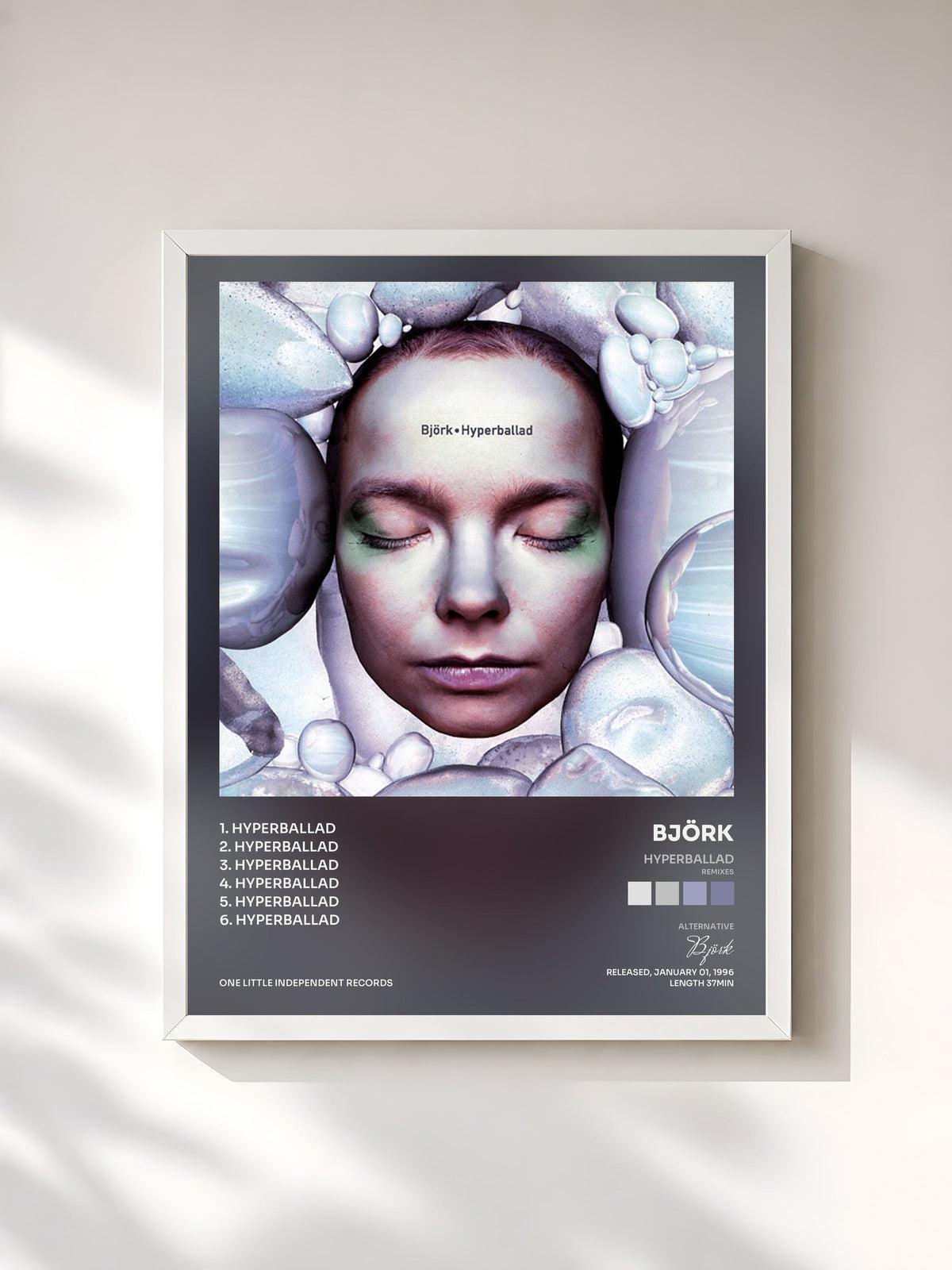 #blanc Tableau de l'album Hyperballad (Remixes) de Björk, cadre blanc, imprimé et encadré en France