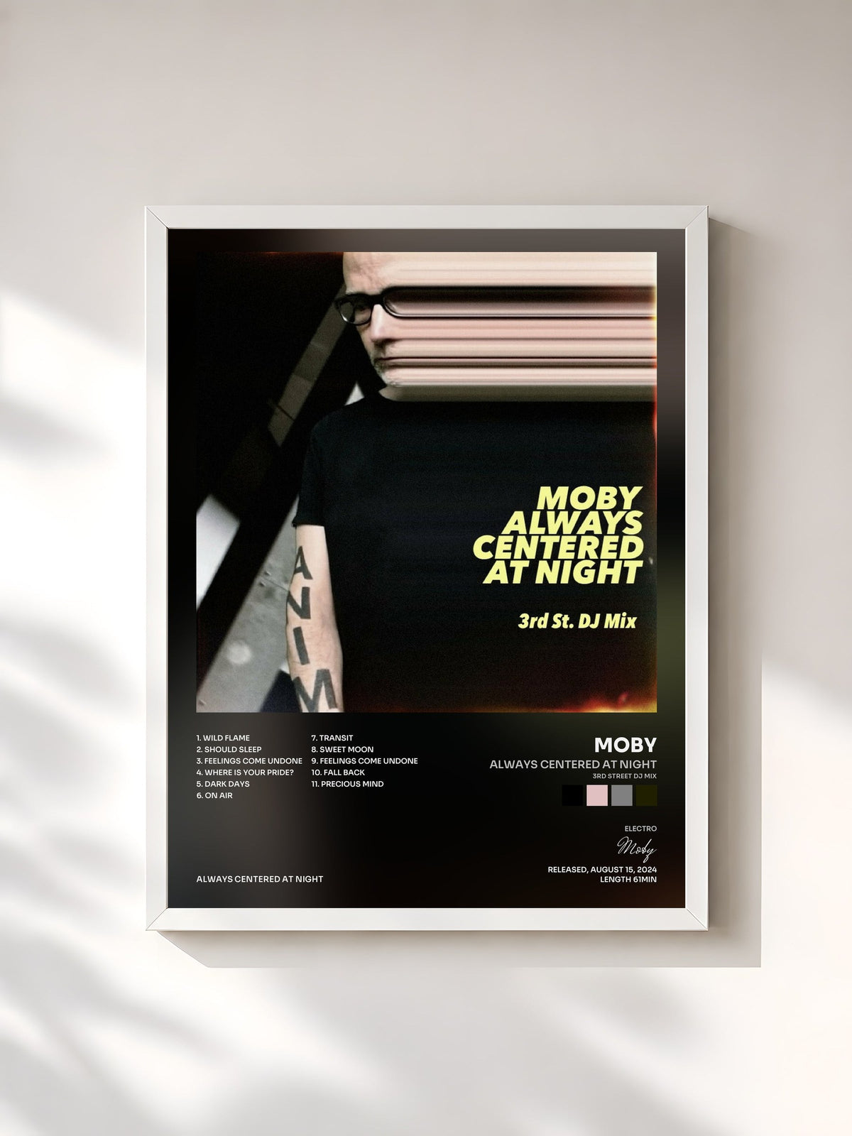 #blanc Tableau de l'album always centered at night (3rd Street DJ Mix) de Moby, cadre blanc, imprimé et encadré en France