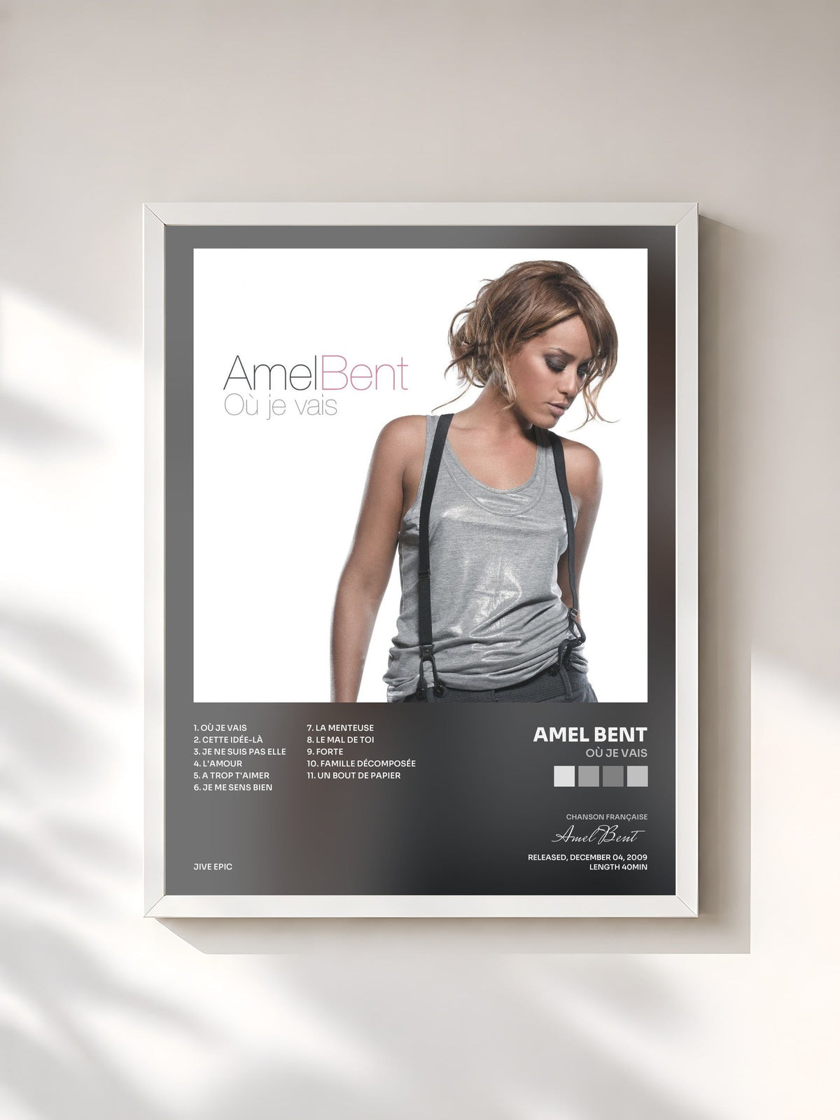 #blanc Tableau de l'album Où je vais de Amel Bent, cadre blanc, imprimé et encadré en France