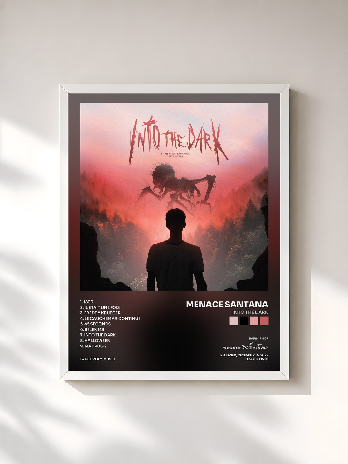 #blanc Into The Dark de menace Santana en lámina enmarcada, marco blanco, impresa y enmarcada en Francia