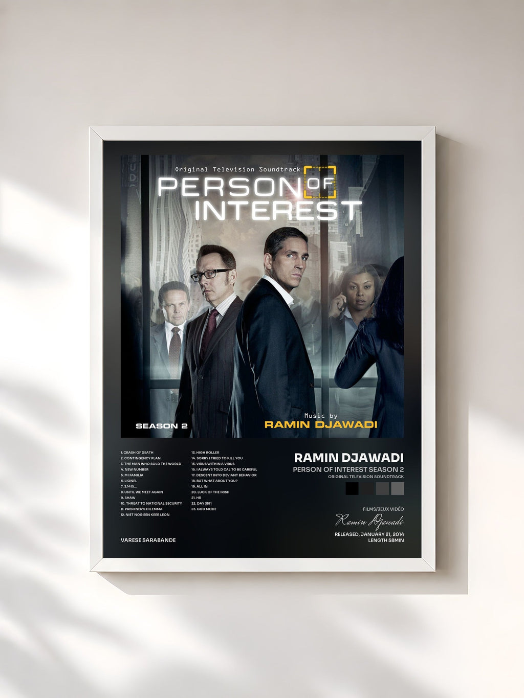 #blanc Person Of Interest Season 2 (Original Television Soundtrack) von Ramin Djawadi als gerahmter Kunstdruck, weißer Rahmen, gedruckt und gerahmt in Frankreich