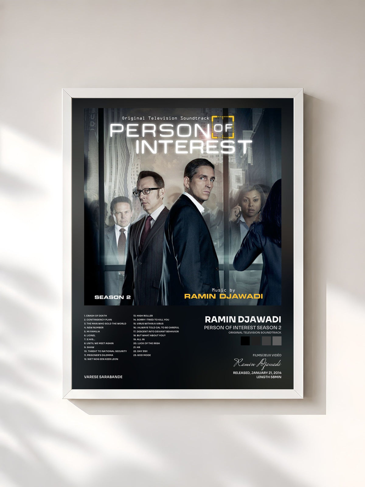 #blanc Tableau de l'album Person Of Interest Season 2 (Original Television Soundtrack) de Ramin Djawadi, cadre blanc, imprimé et encadré en France
