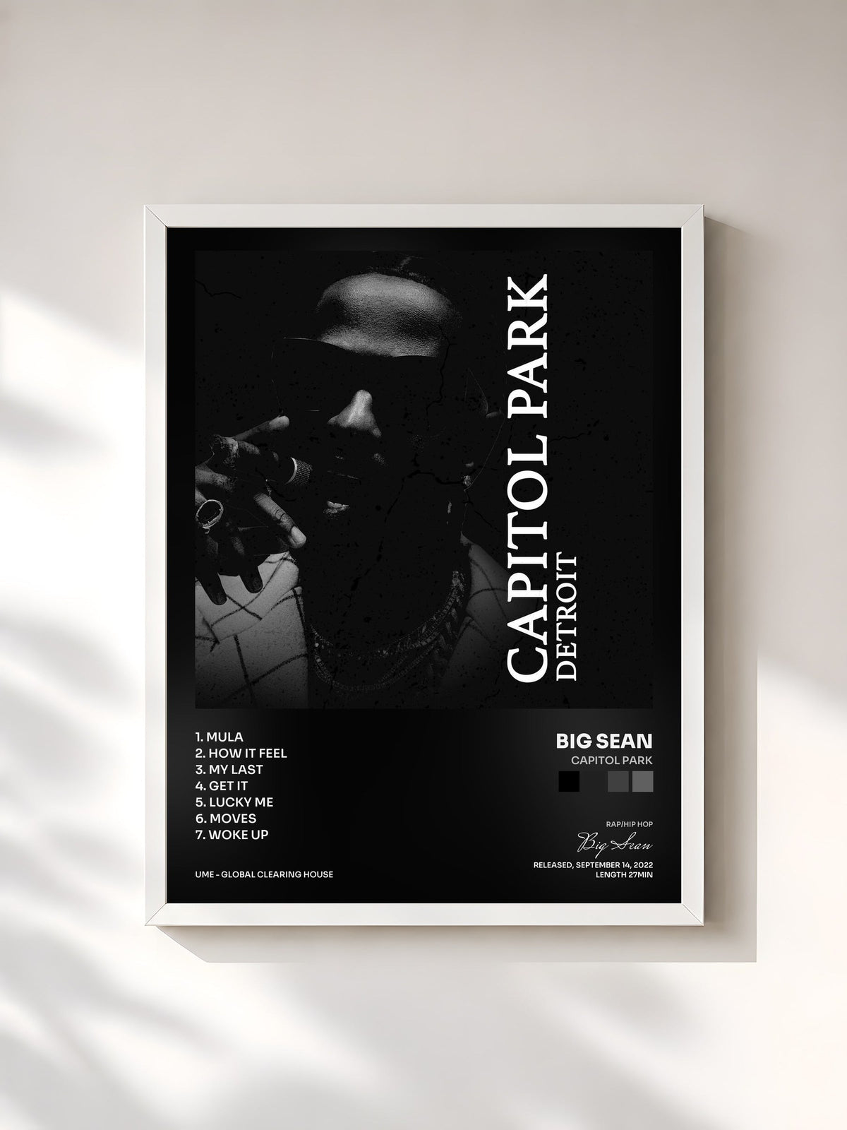 #blanc Tableau de l'album Capitol Park de Big Sean, cadre blanc, imprimé et encadré en France