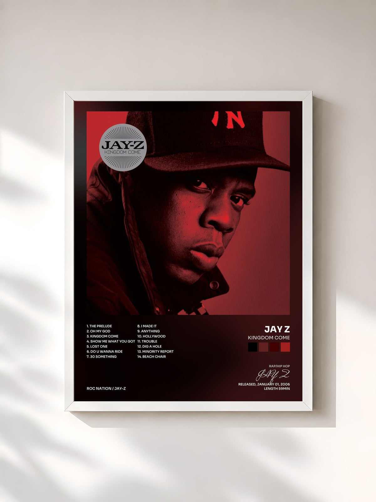 #blanc Tableau de l'album Kingdom Come de JAY Z, cadre blanc, imprimé et encadré en France