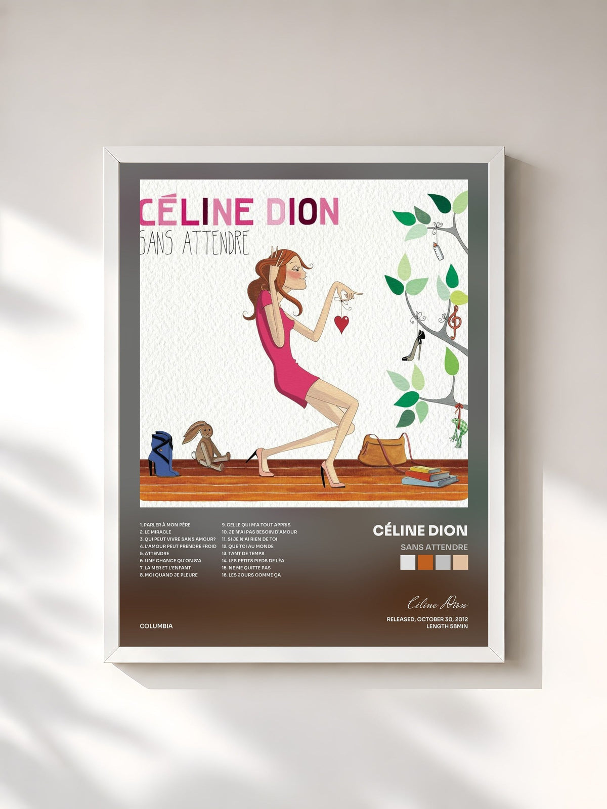 #blanc Tableau de l'album Sans attendre de Céline Dion, cadre blanc, imprimé et encadré en France