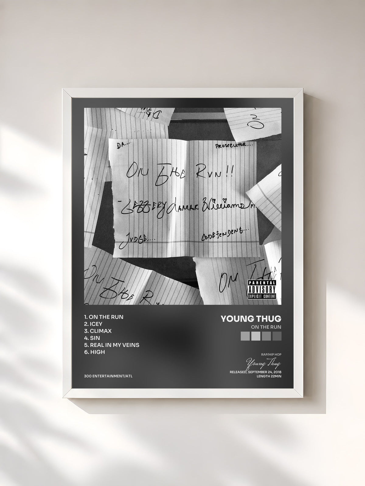 #blanc Tableau de l'album On the Run de Young Thug, cadre blanc, imprimé et encadré en France