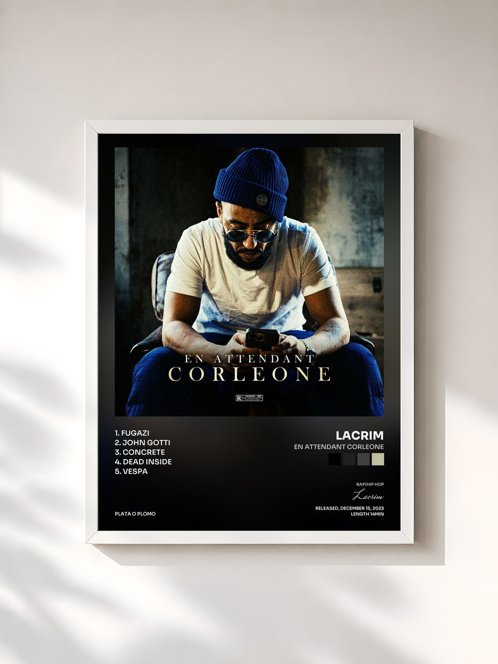 #blanc Tableau de l'album En attendant Corleone de Lacrim, cadre blanc, imprimé et encadré en France