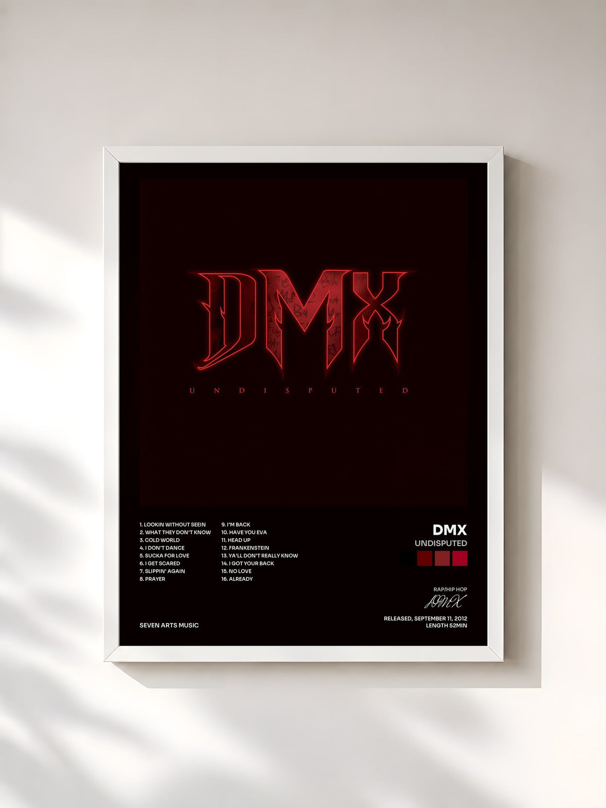 #blanc Tableau de l'album Undisputed de DMX, cadre blanc, imprimé et encadré en France