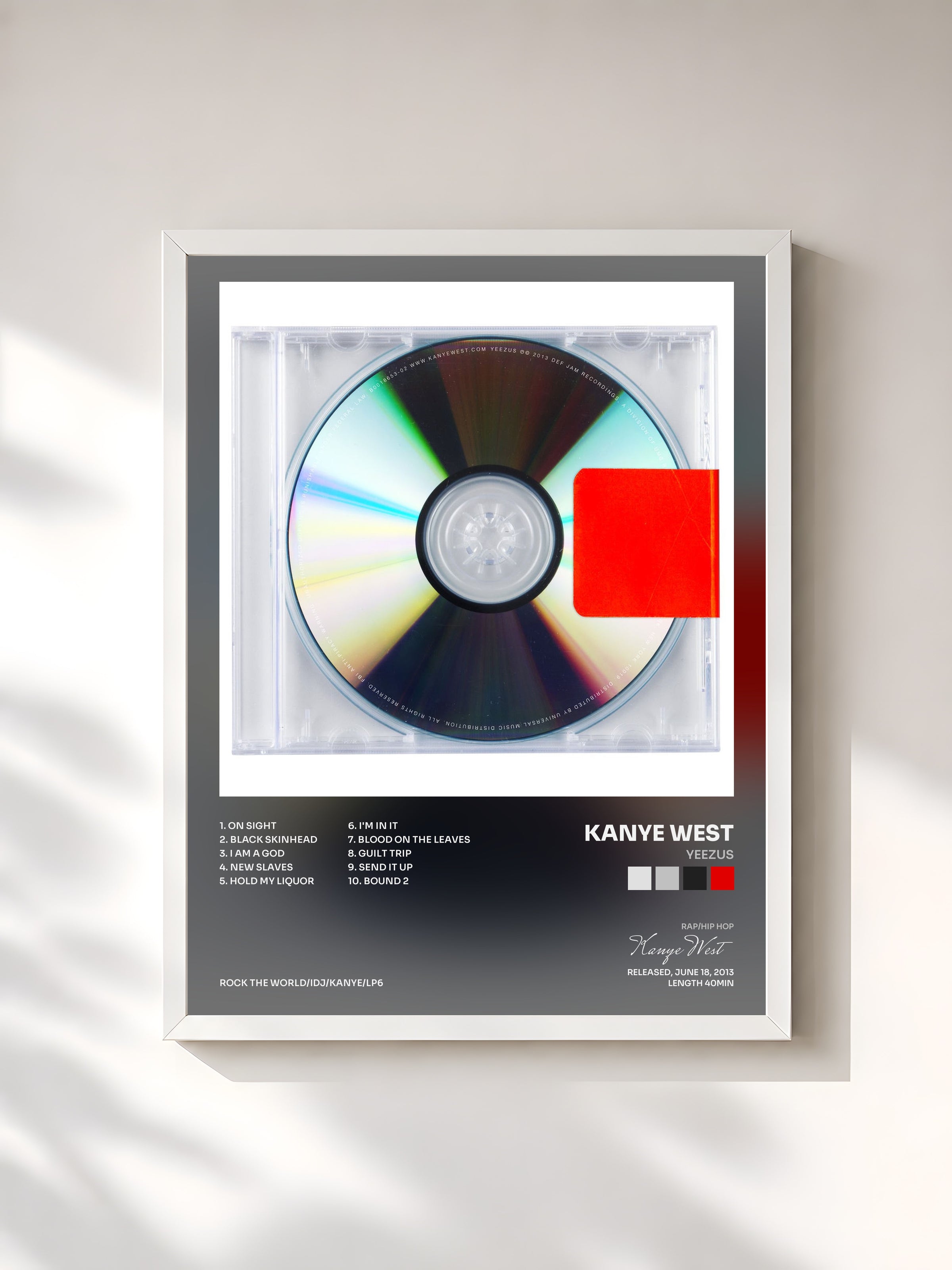 #blanc Tableau de l'album Yeezus de Kanye West, cadre blanc, imprimé et encadré en France