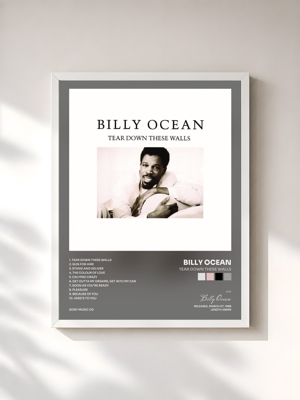 #blanc Tableau de l'album Tear Down These Walls de Billy Ocean, cadre blanc, imprimé et encadré en France