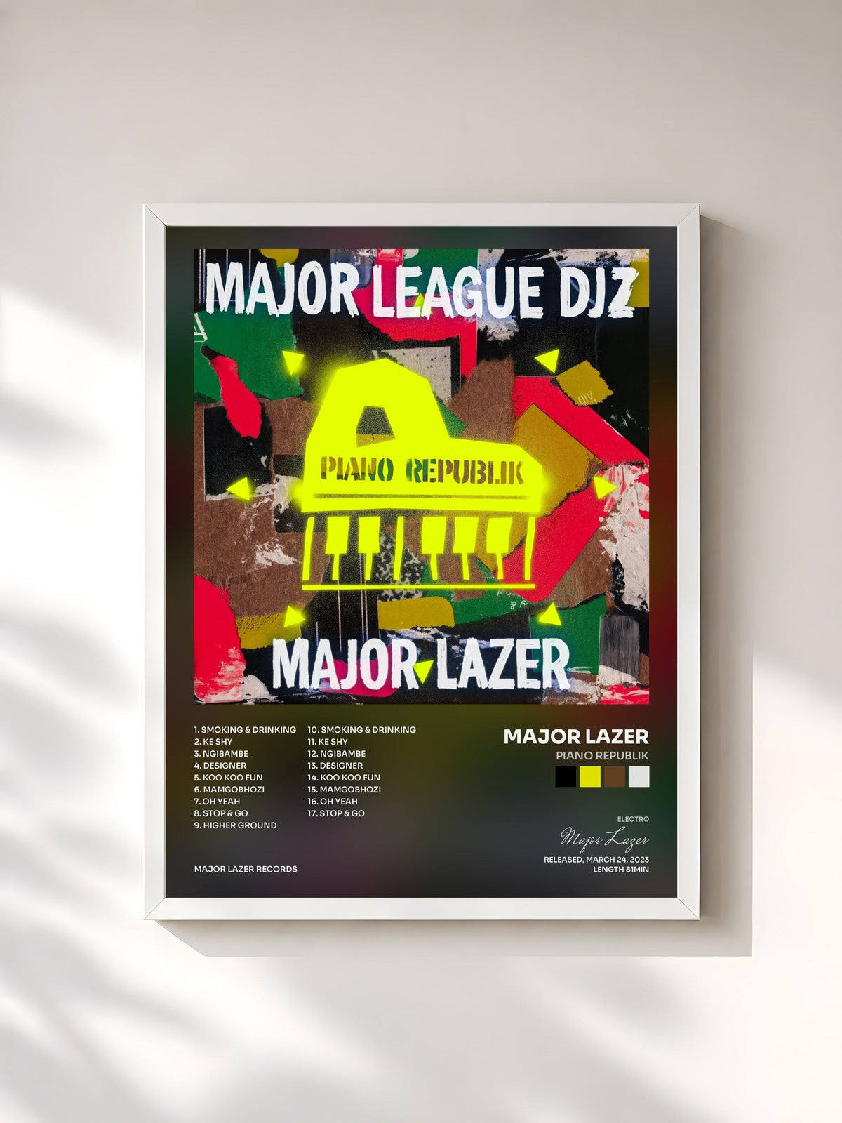 #blanc Tableau de l'album Piano Republik de Major Lazer, cadre blanc, imprimé et encadré en France