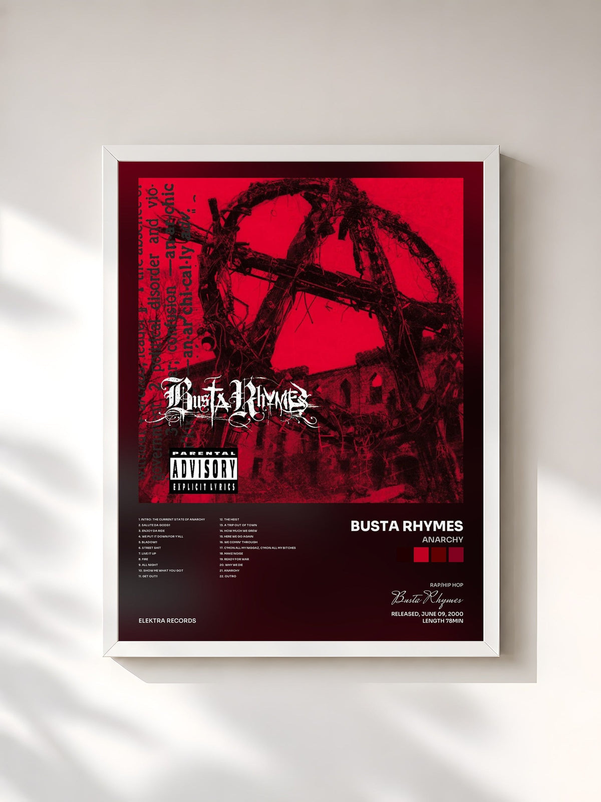 #blanc Tableau de l'album Anarchy de Busta Rhymes, cadre blanc, imprimé et encadré en France