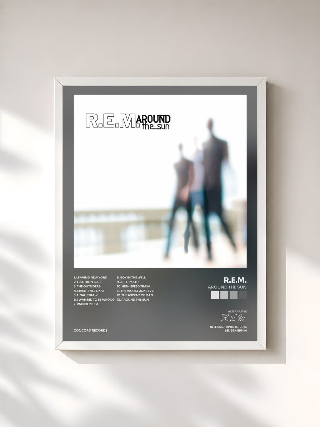 #blanc Tableau de l'album Around The Sun de R.E.M., cadre blanc, imprimé et encadré en France
