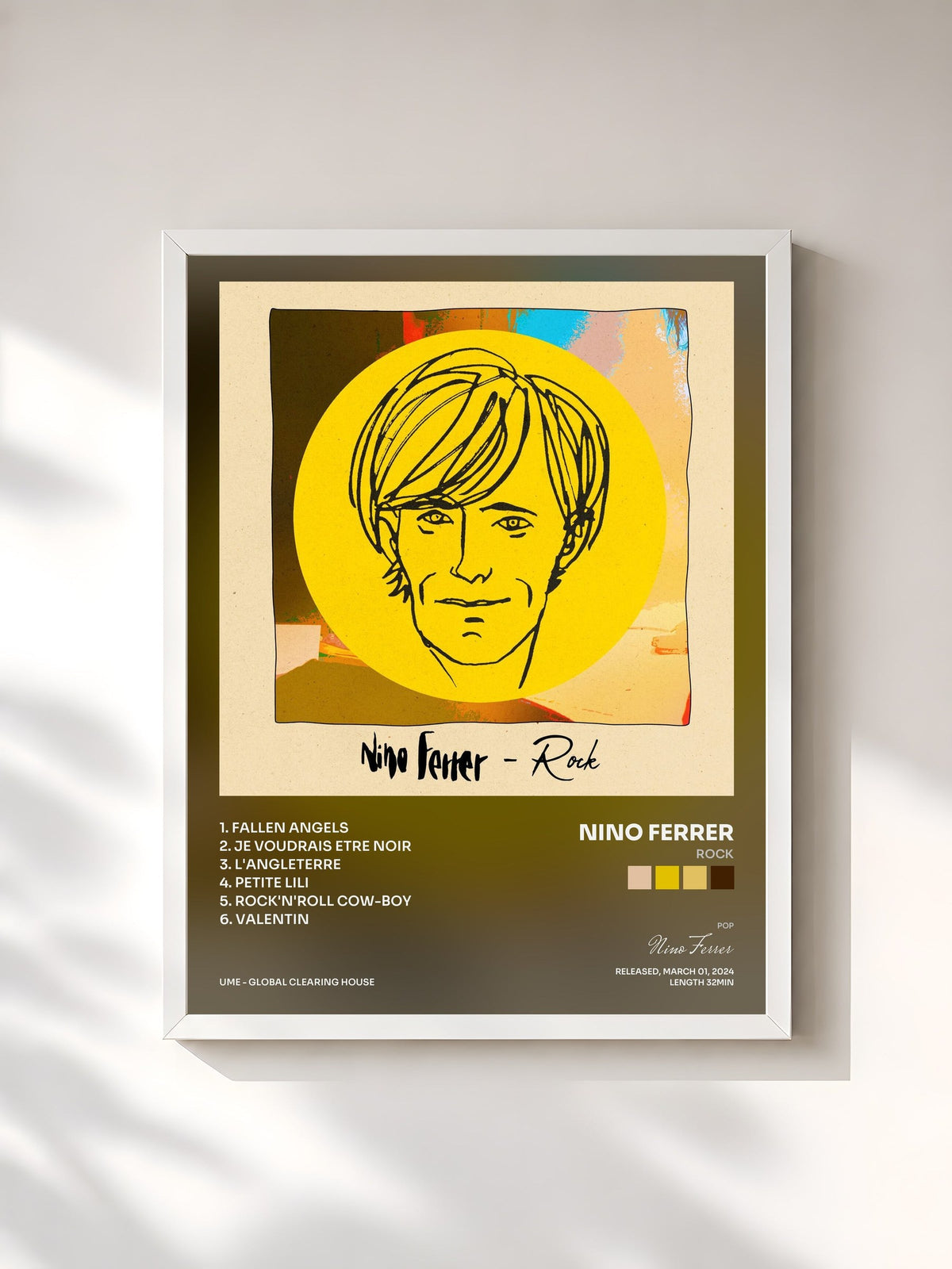 #blanc Tableau de l'album Rock de Nino Ferrer, cadre blanc, imprimé et encadré en France