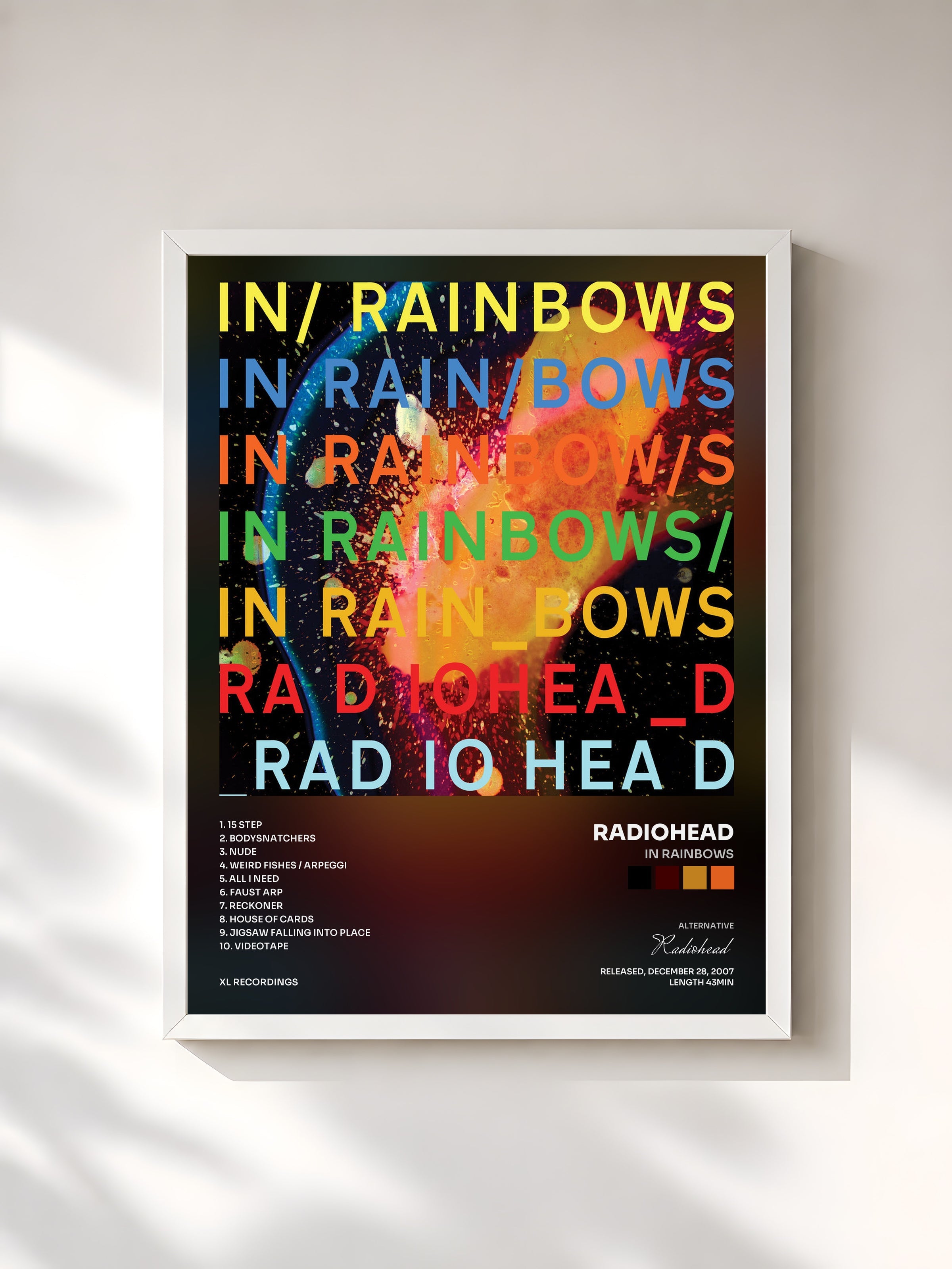 #blanc Tableau de l'album In Rainbows de Radiohead, cadre blanc, imprimé et encadré en France