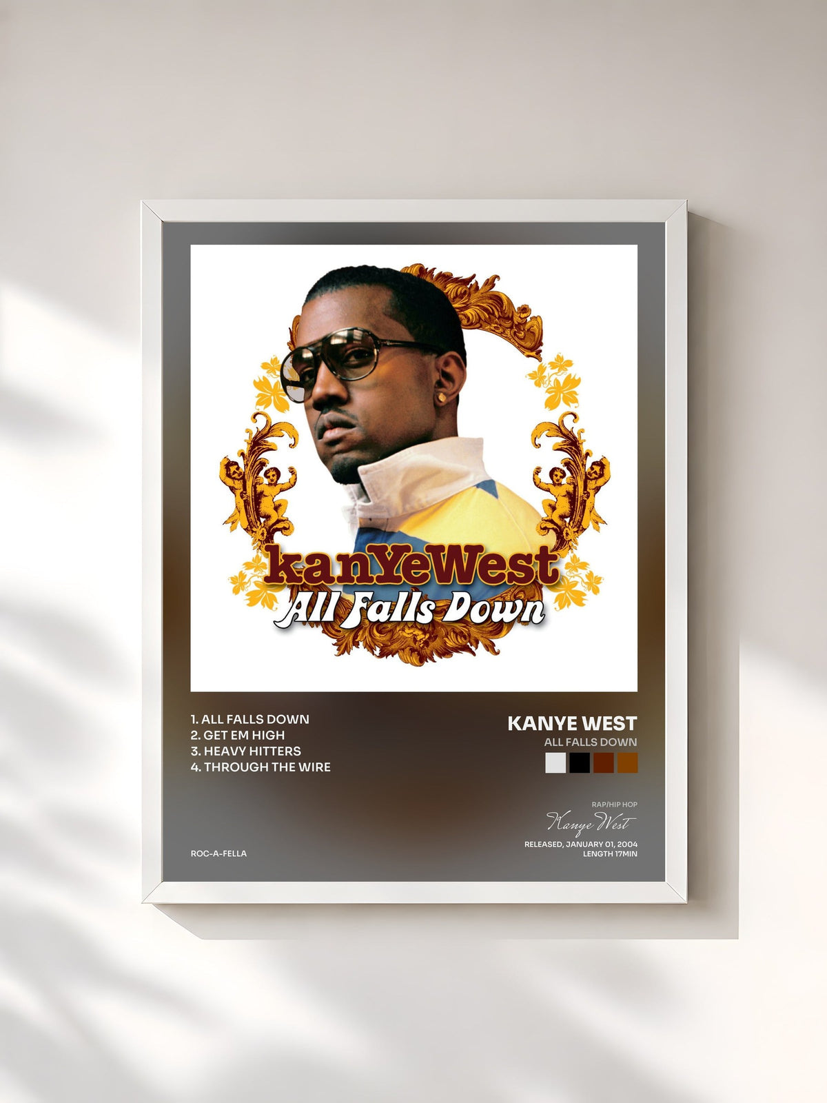 #blanc Tableau de l'album All Falls Down de Kanye West, cadre blanc, imprimé et encadré en France