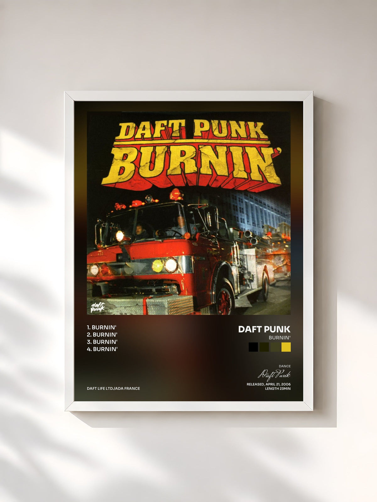 #blanc Tableau de l'album Burnin' de Daft Punk, cadre blanc, imprimé et encadré en France