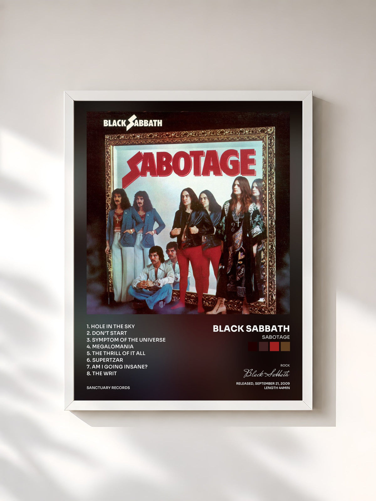 #blanc Tableau de l'album Sabotage de Black Sabbath, cadre blanc, imprimé et encadré en France