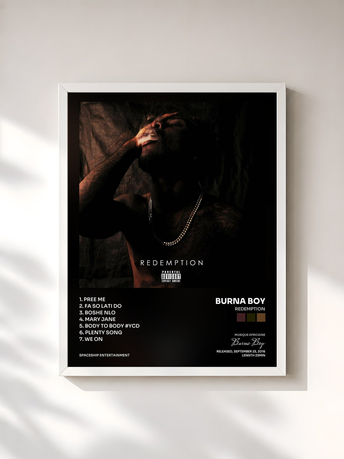 #blanc Tableau de l'album Redemption de Burna Boy, cadre blanc, imprimé et encadré en France