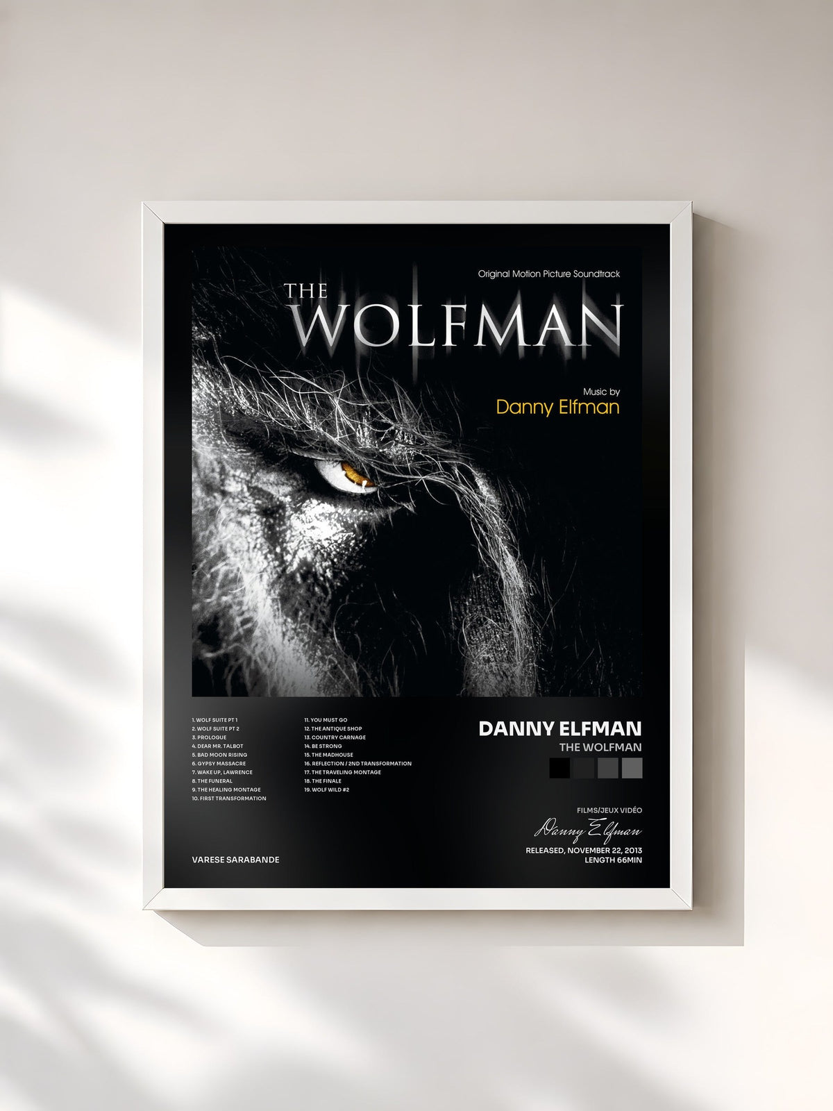 #blanc Tableau de l'album The Wolfman de Danny Elfman, cadre blanc, imprimé et encadré en France