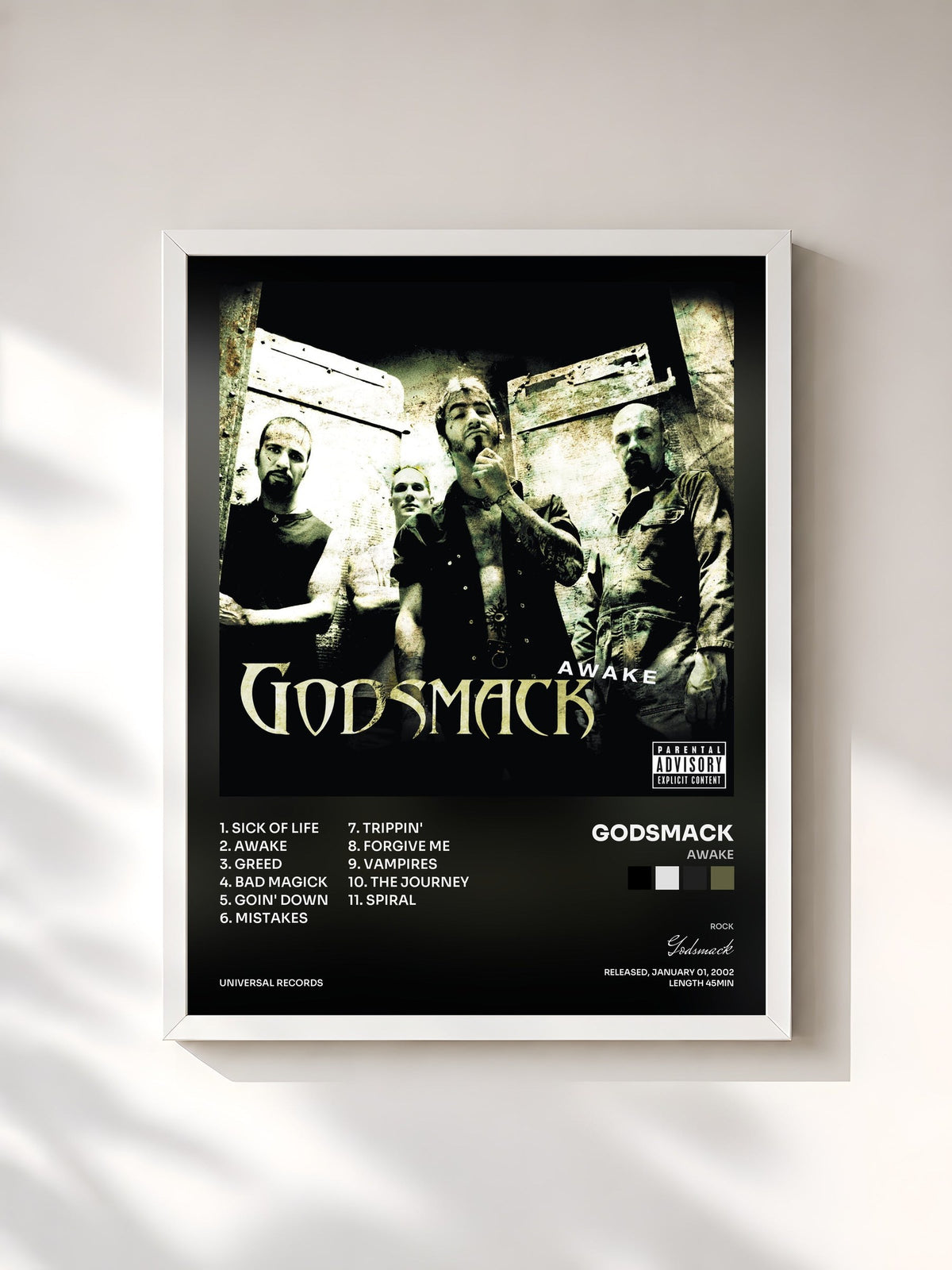 #blanc Tableau de l'album Awake de Godsmack, cadre blanc, imprimé et encadré en France