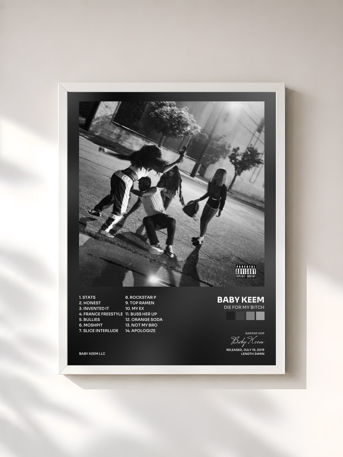 #blanc Tableau de l'album DIE FOR MY BITCH de Baby Keem, cadre blanc, imprimé et encadré en France