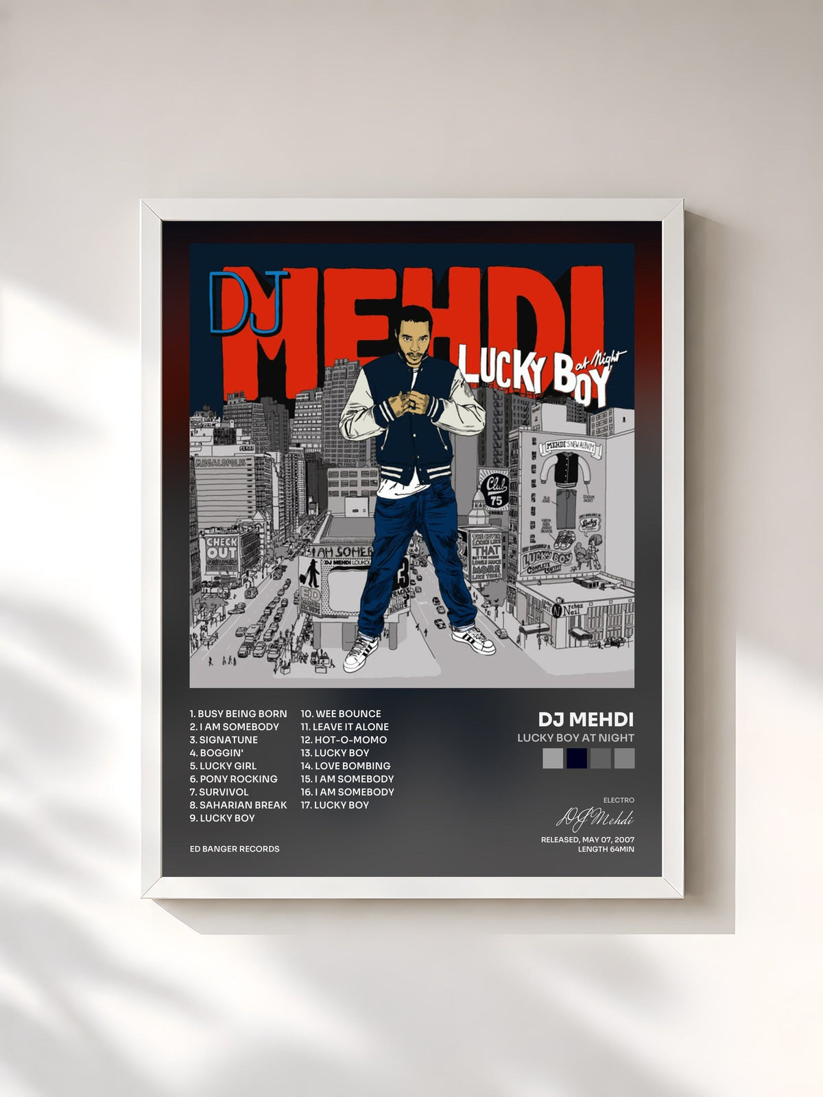 #blanc Tableau de l'album Lucky Boy At Night de DJ Mehdi, cadre blanc, imprimé et encadré en France