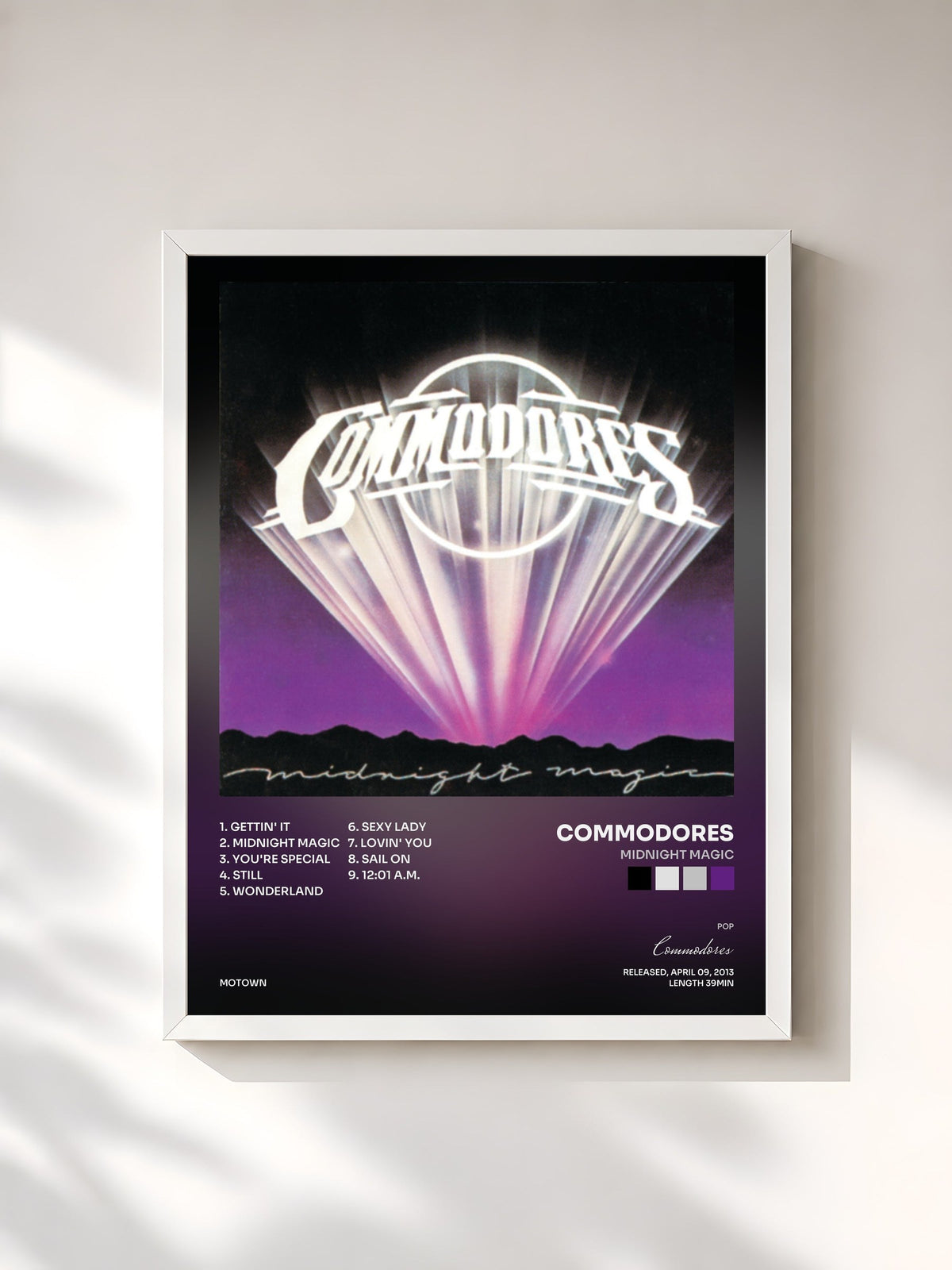 #blanc Tableau de l'album Midnight Magic de Commodores, cadre blanc, imprimé et encadré en France
