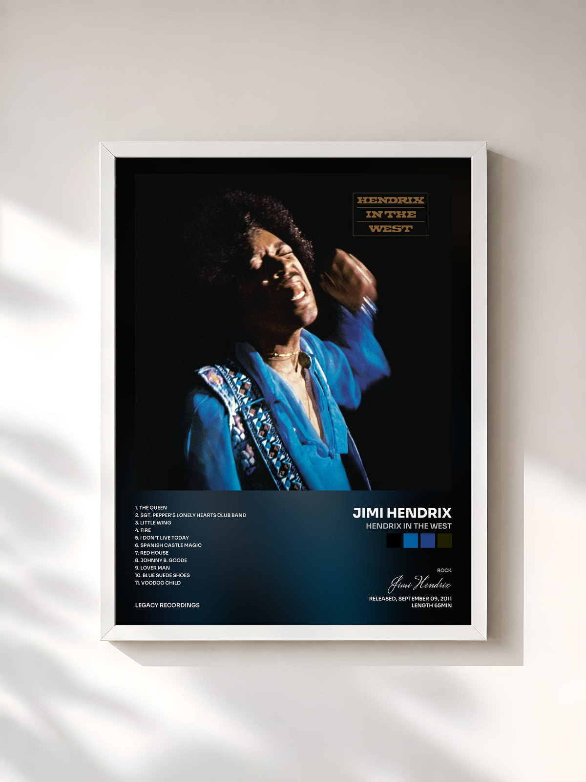 #blanc Tableau de l'album Hendrix In The West de Jimi Hendrix, cadre blanc, imprimé et encadré en France