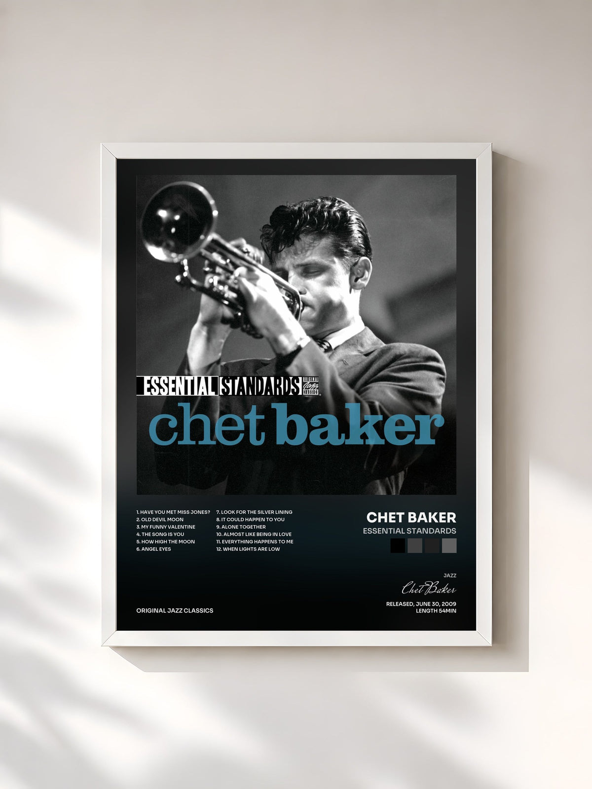 #blanc Tableau de l'album Essential Standards de Chet Baker, cadre blanc, imprimé et encadré en France